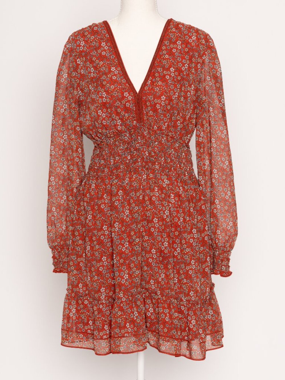 Red Medium Ditsy Floral Flowy Smocked Ruffle Midi Dress Bohemian Wedding Guest